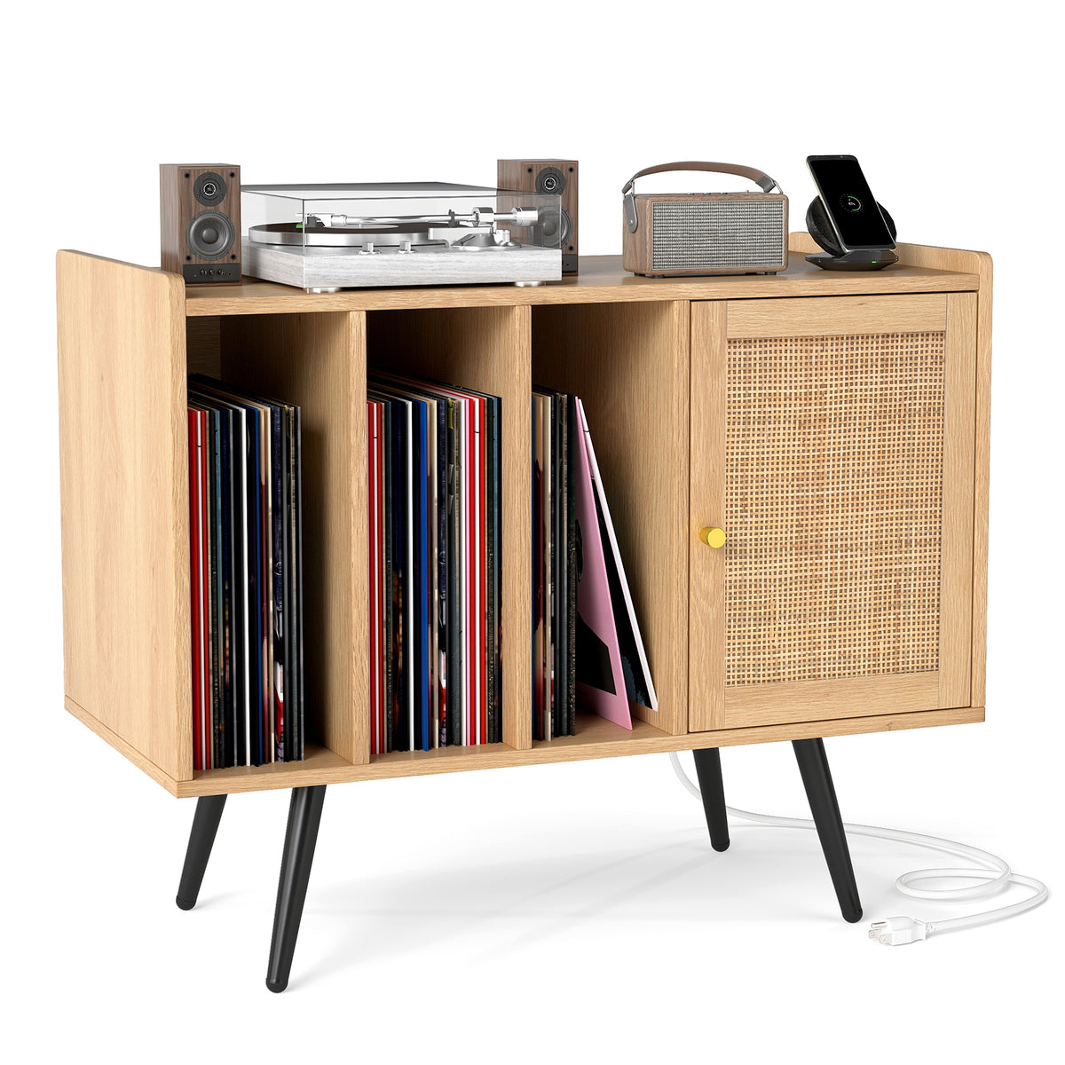 Record Player Stand with Charging Station and Rattan Cabinet for Living Room-Natural-End & Side Tables-DECOROLALA