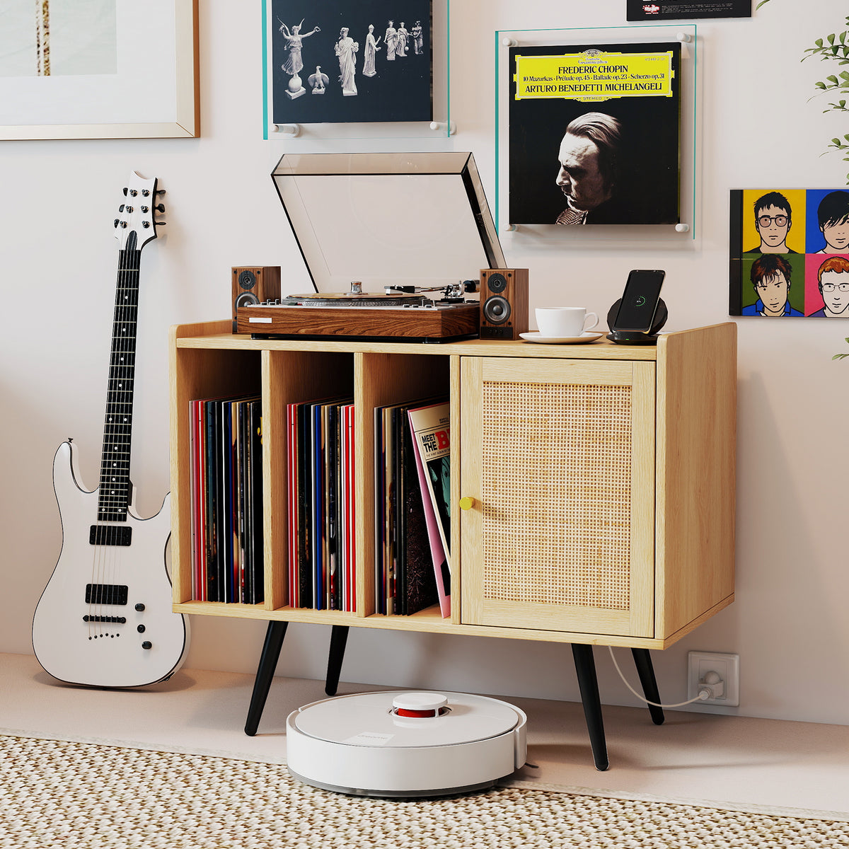 Record Player Stand with Charging Station and Rattan Cabinet for Living Room-Natural-End & Side Tables-DECOROLALA