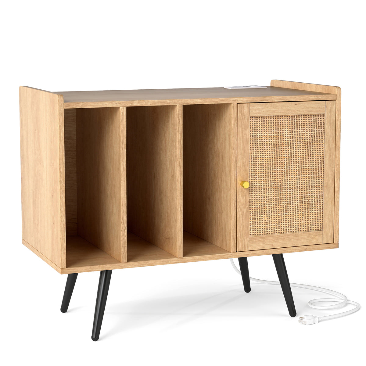 Record Player Stand with Charging Station and Rattan Cabinet for Living Room-Natural-End & Side Tables-DECOROLALA