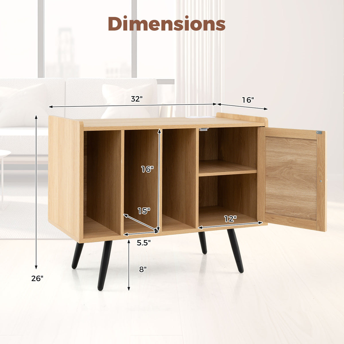 Record Player Stand with Charging Station and Rattan Cabinet for Living Room-Natural-End & Side Tables-DECOROLALA