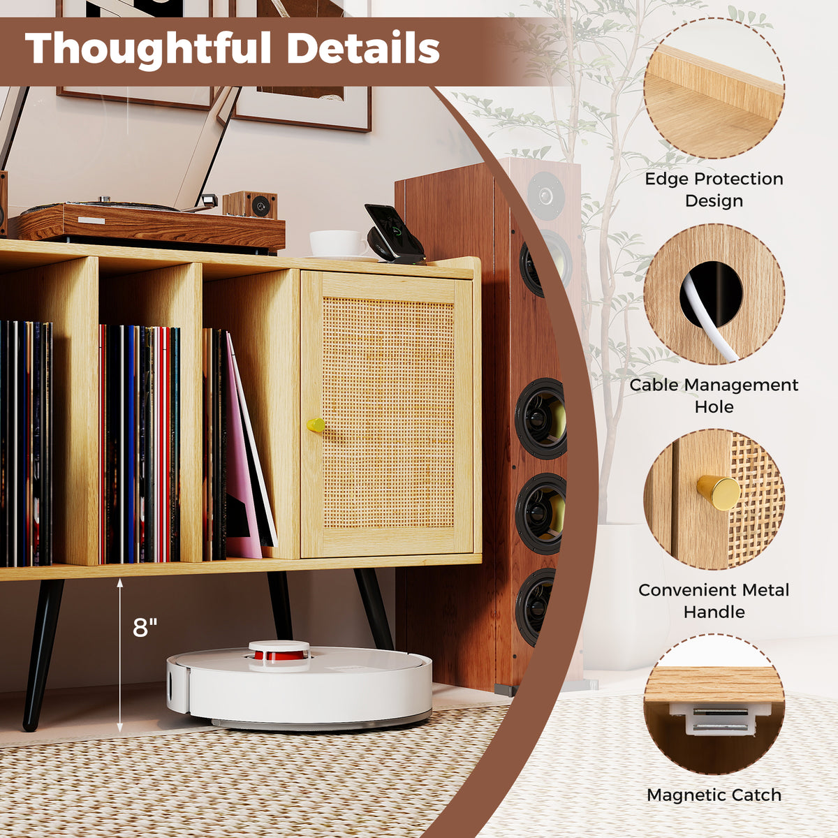 Record Player Stand with Charging Station and Rattan Cabinet for Living Room-Natural-End & Side Tables-DECOROLALA