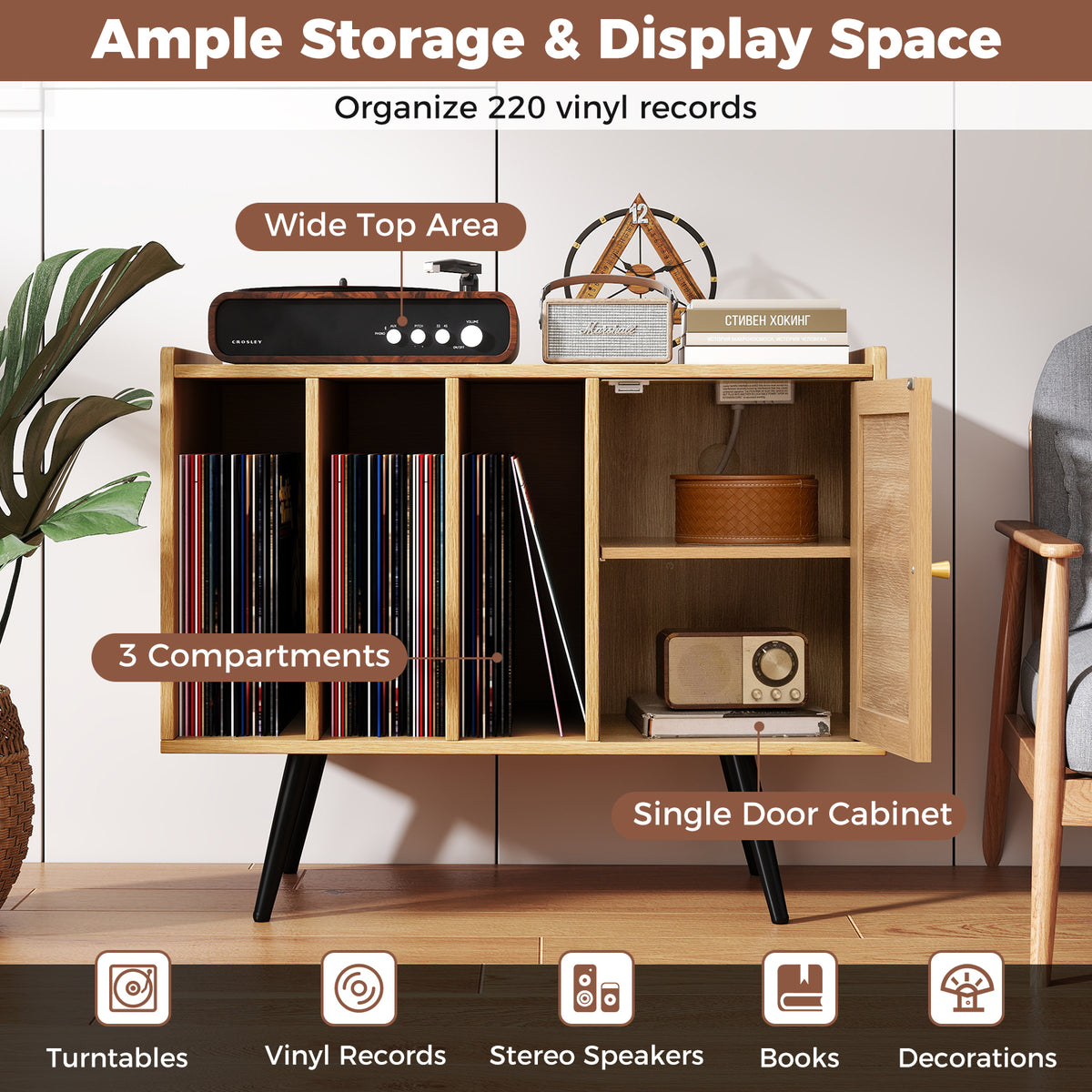 Record Player Stand with Charging Station and Rattan Cabinet for Living Room-Natural-End & Side Tables-DECOROLALA