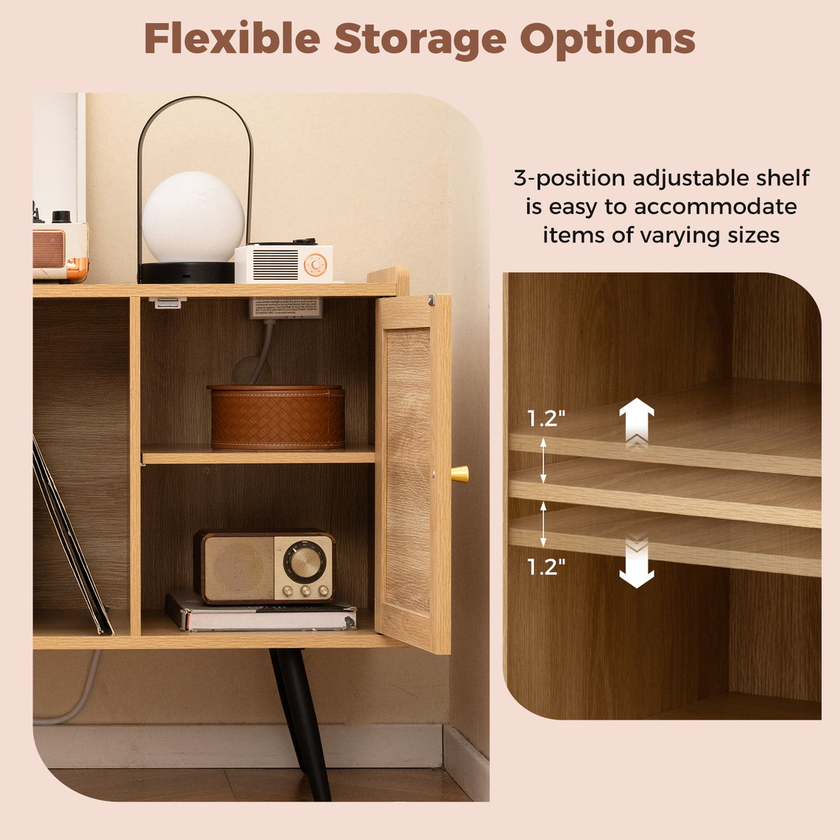 Record Player Stand with Charging Station and Rattan Cabinet for Living Room-Natural-End & Side Tables-DECOROLALA