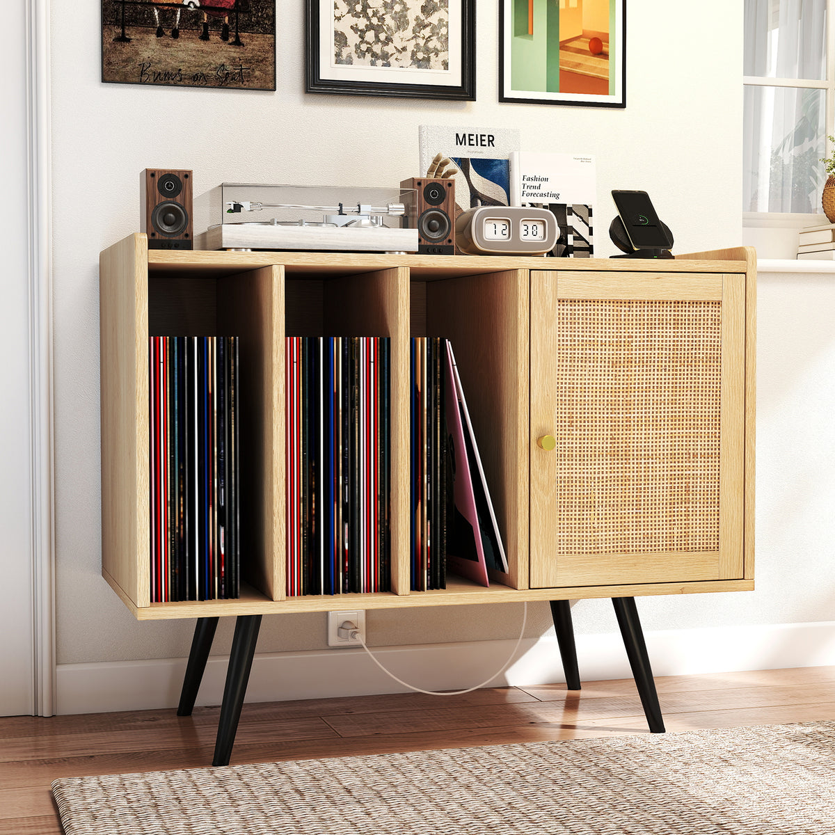 Record Player Stand with Charging Station and Rattan Cabinet for Living Room-Natural-End & Side Tables-DECOROLALA