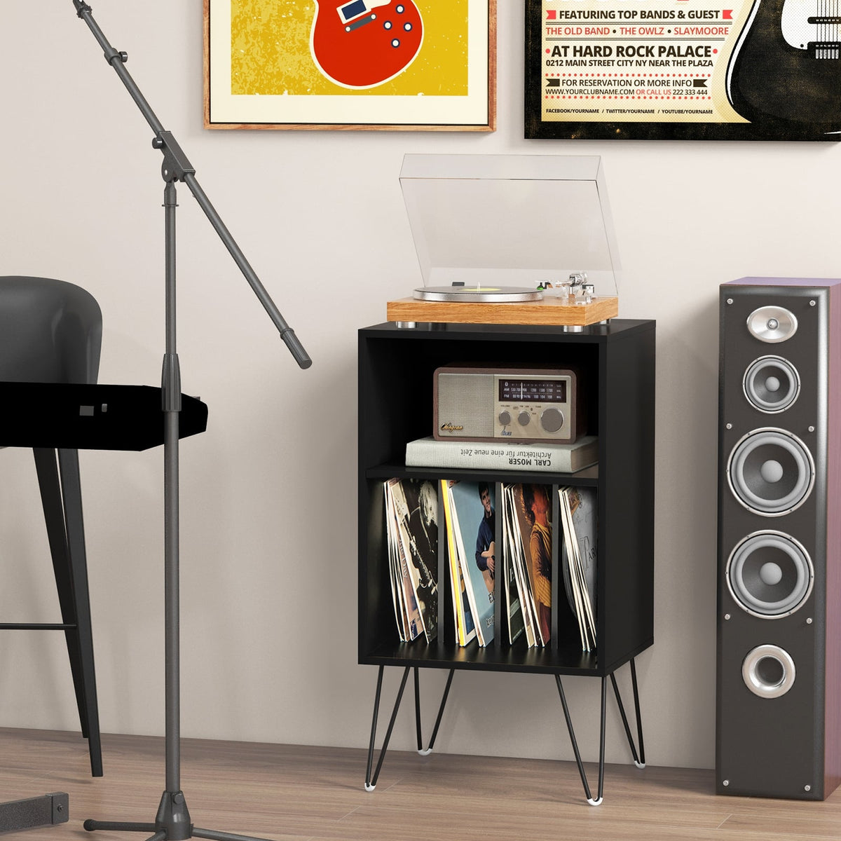 Record Player Stand with Charging Station for Living Room Bedroom-Black-End & Side Tables-DECOROLALA