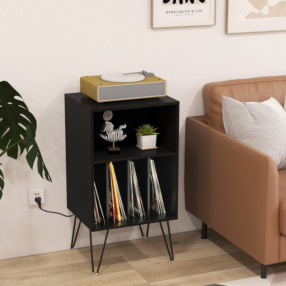 Record Player Stand with Charging Station for Living Room Bedroom-Black-End & Side Tables-DECOROLALA