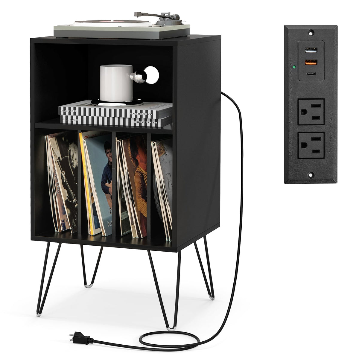 Record Player Stand with Charging Station for Living Room Bedroom-Black-End & Side Tables-DECOROLALA
