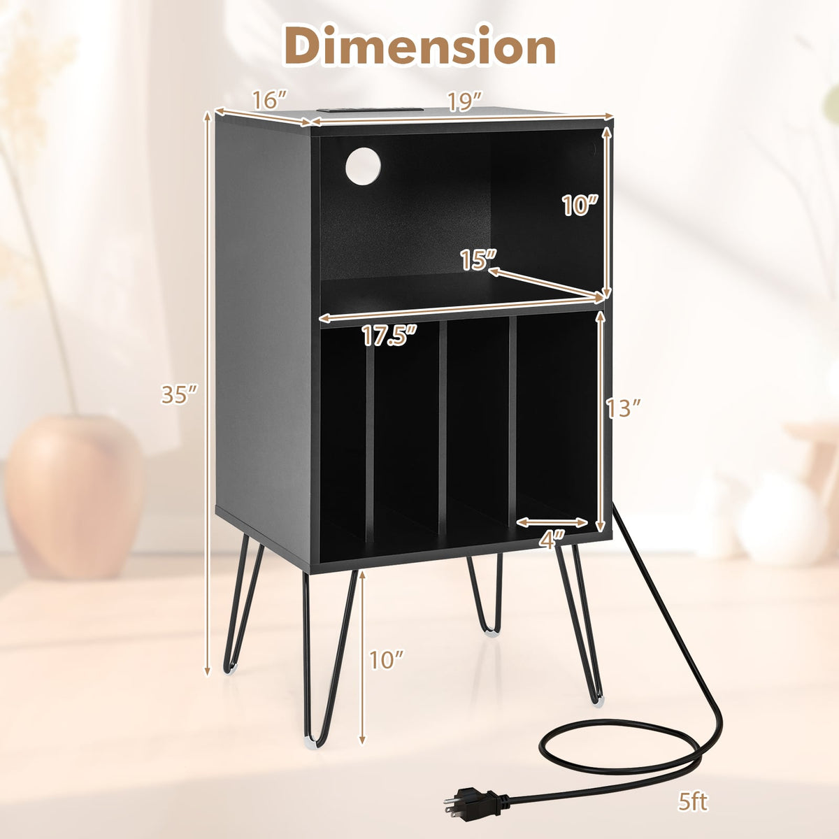 Record Player Stand with Charging Station for Living Room Bedroom-Black-End & Side Tables-DECOROLALA