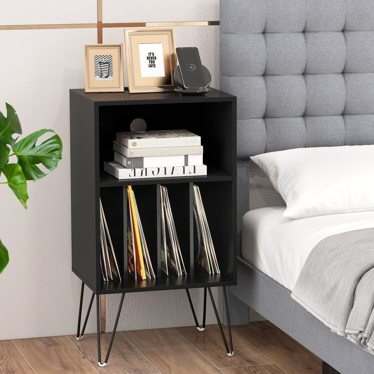 Record Player Stand with Charging Station for Living Room Bedroom-Black-End & Side Tables-DECOROLALA