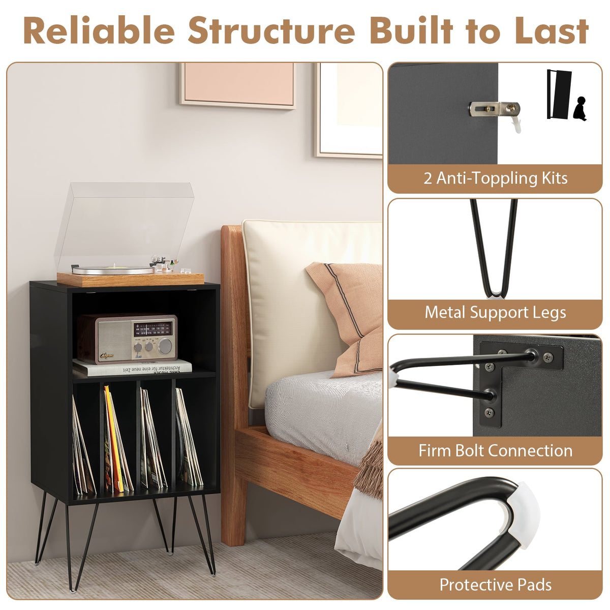 Record Player Stand with Charging Station for Living Room Bedroom-Black-End & Side Tables-DECOROLALA