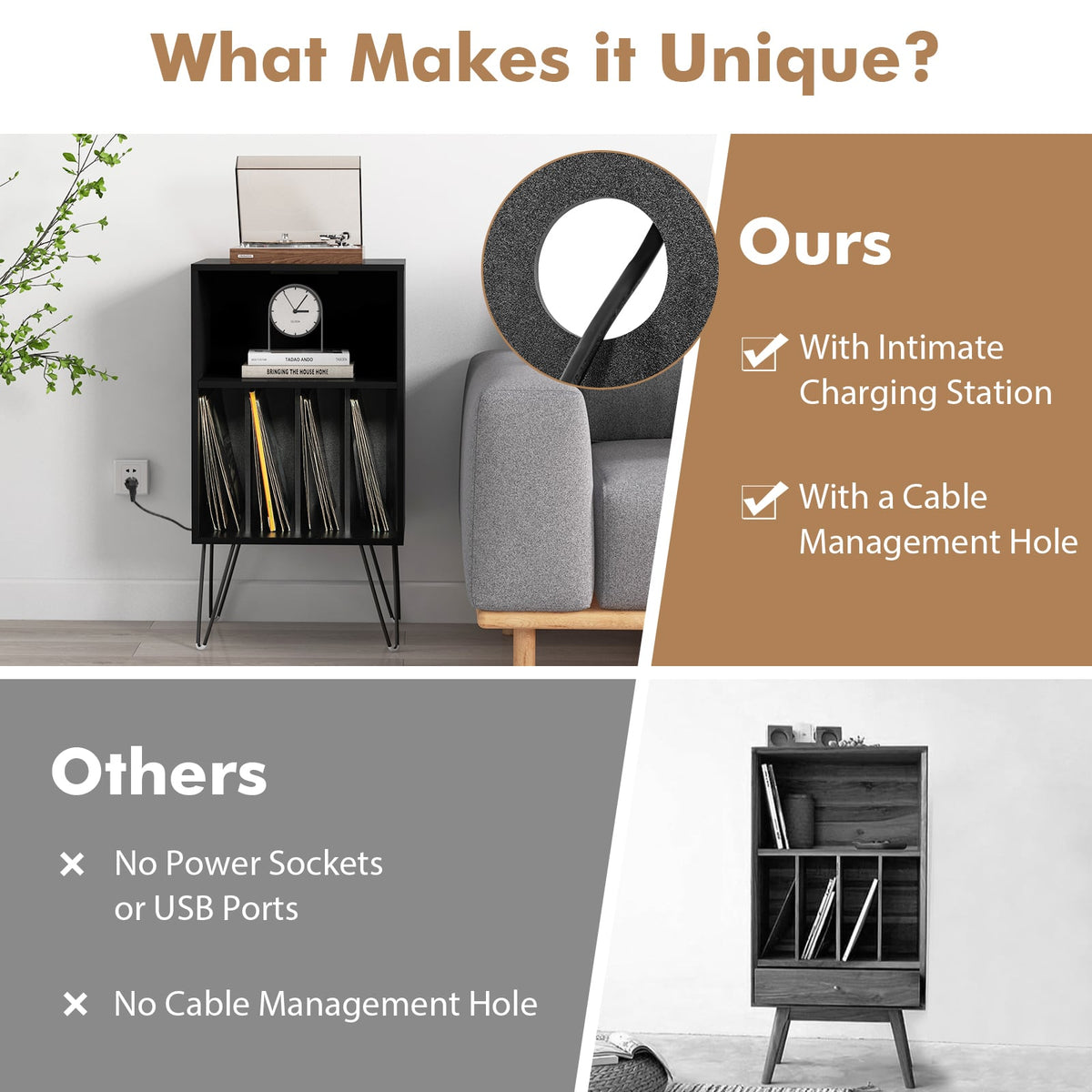 Record Player Stand with Charging Station for Living Room Bedroom-Black-End & Side Tables-DECOROLALA