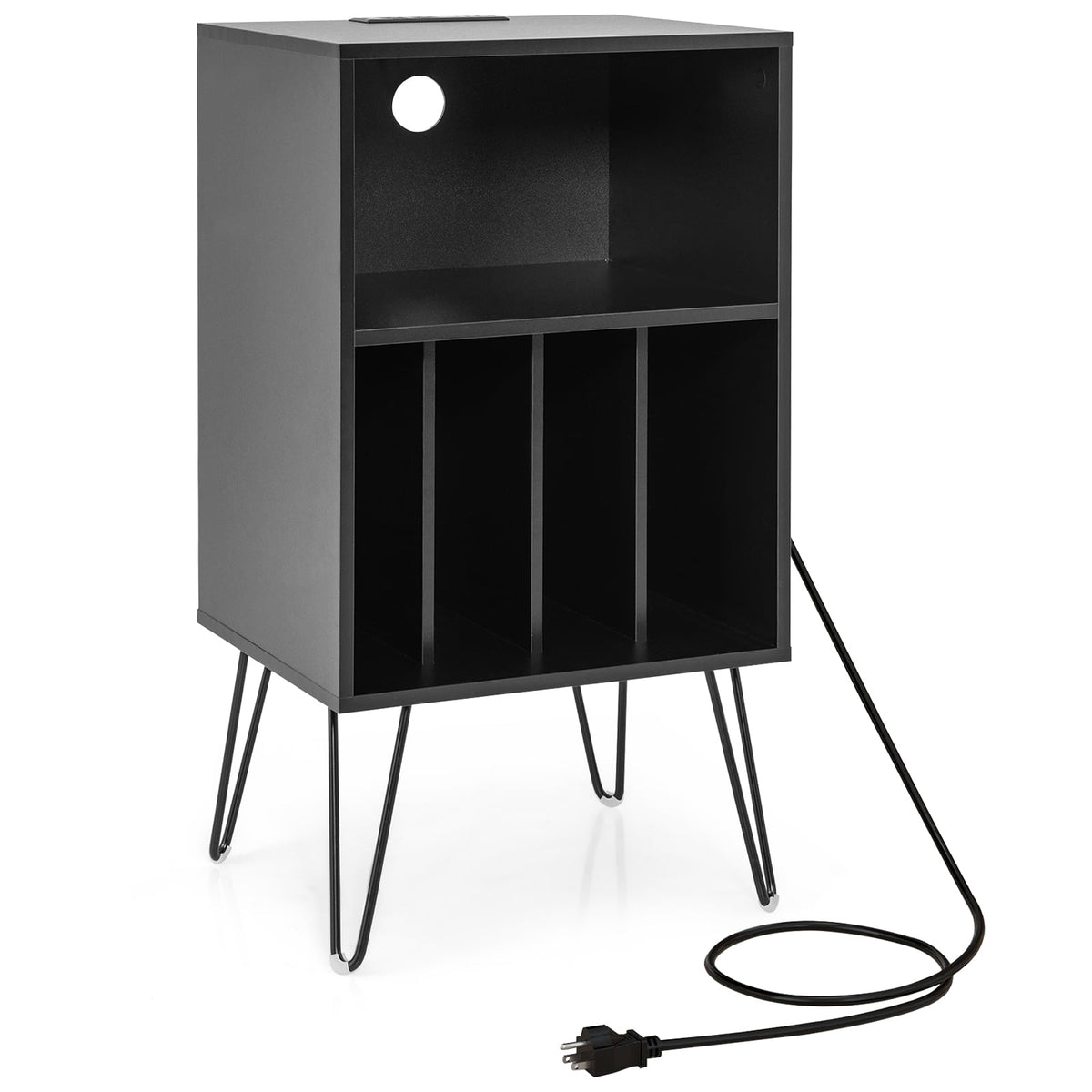 Record Player Stand with Charging Station for Living Room Bedroom-Black-End & Side Tables-DECOROLALA