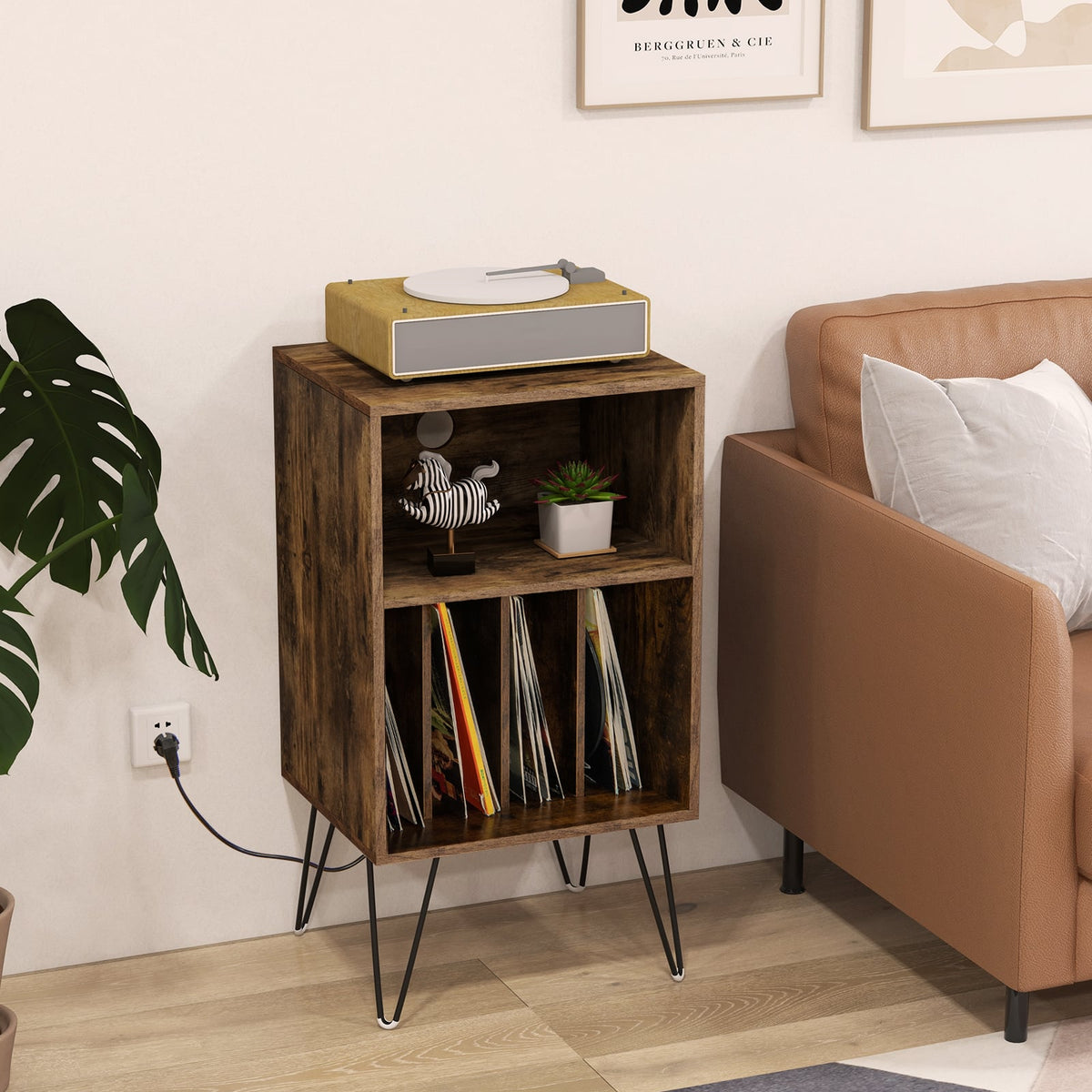 Record Player Stand with Charging Station for Living Room Bedroom-Rustic Brown-End & Side Tables-DECOROLALA