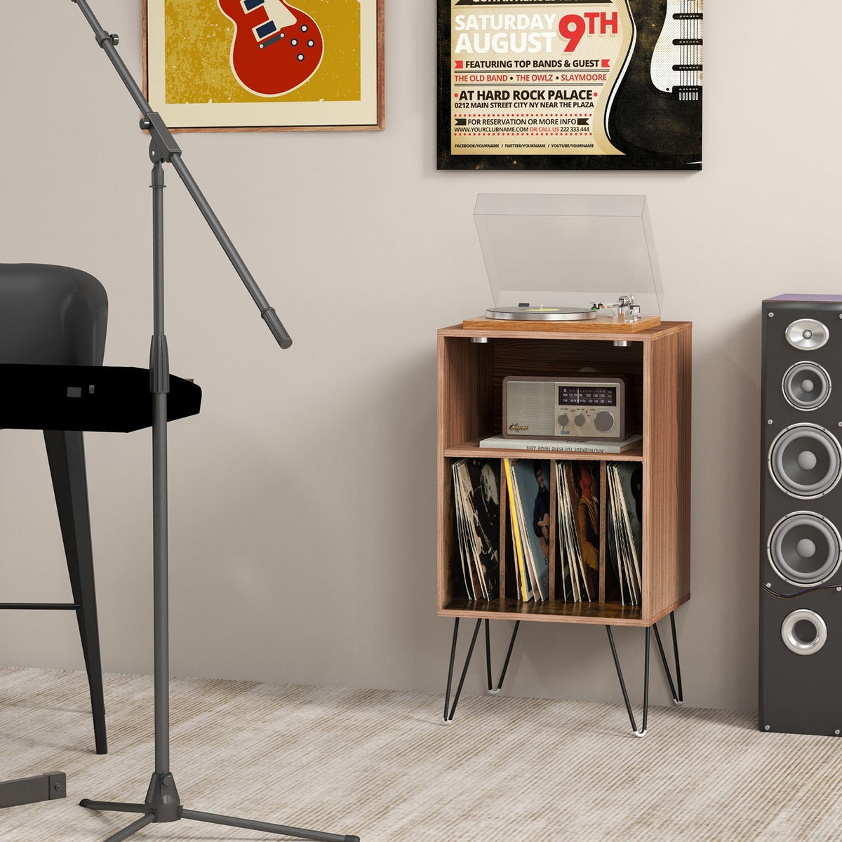 Record Player Stand with Charging Station for Living Room Bedroom-Rustic Brown-End & Side Tables-DECOROLALA