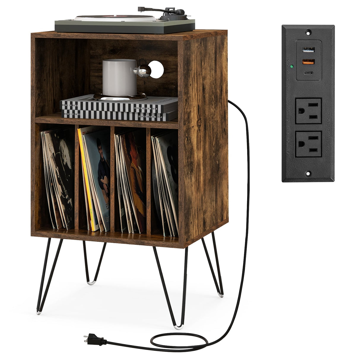 Record Player Stand with Charging Station for Living Room Bedroom-Rustic Brown-End & Side Tables-DECOROLALA