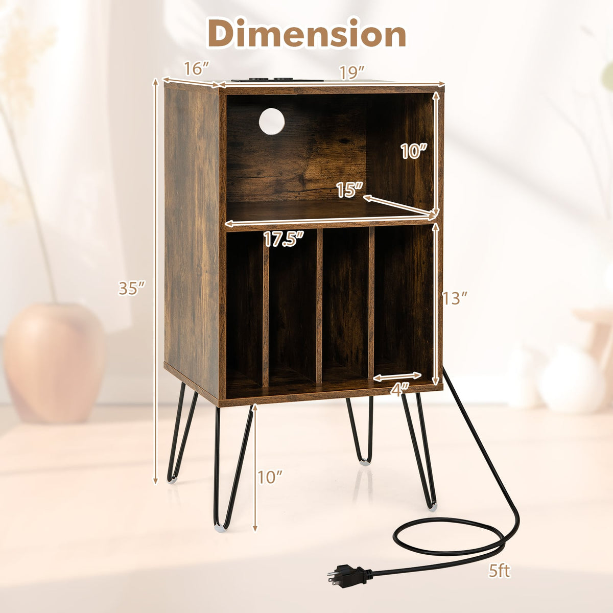 Record Player Stand with Charging Station for Living Room Bedroom-Rustic Brown-End & Side Tables-DECOROLALA