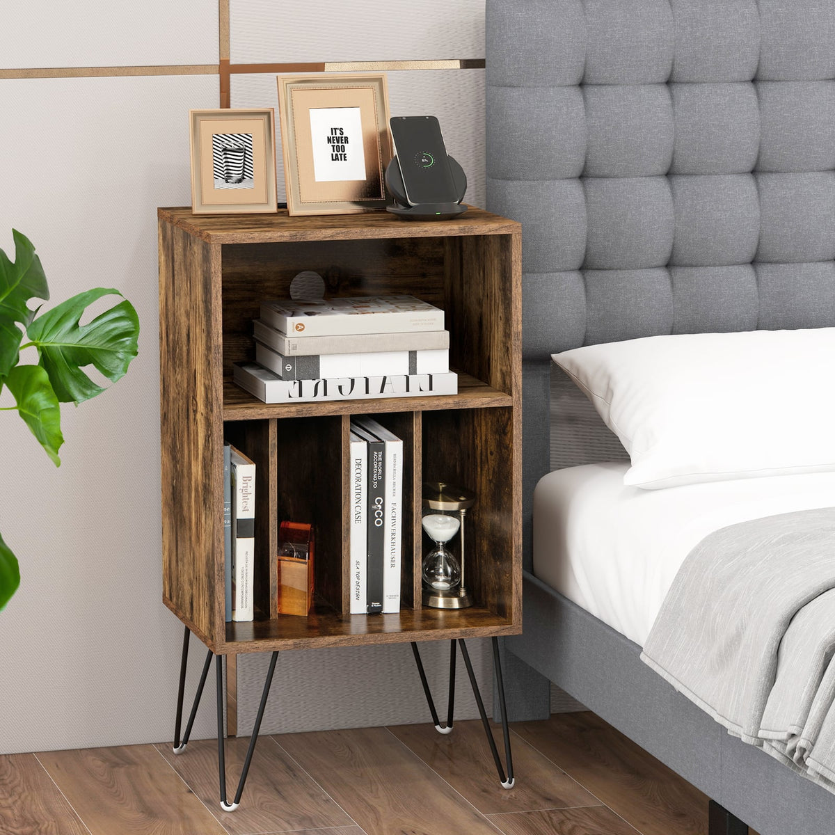 Record Player Stand with Charging Station for Living Room Bedroom-Rustic Brown-End & Side Tables-DECOROLALA