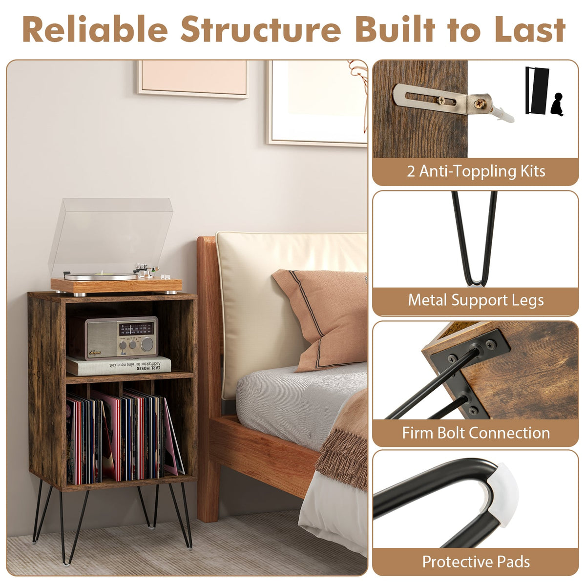Record Player Stand with Charging Station for Living Room Bedroom-Rustic Brown-End & Side Tables-DECOROLALA