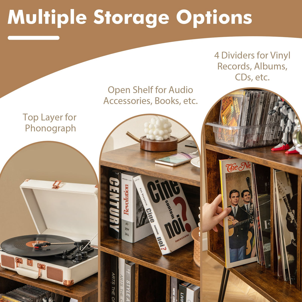 Record Player Stand with Charging Station for Living Room Bedroom-Rustic Brown-End & Side Tables-DECOROLALA