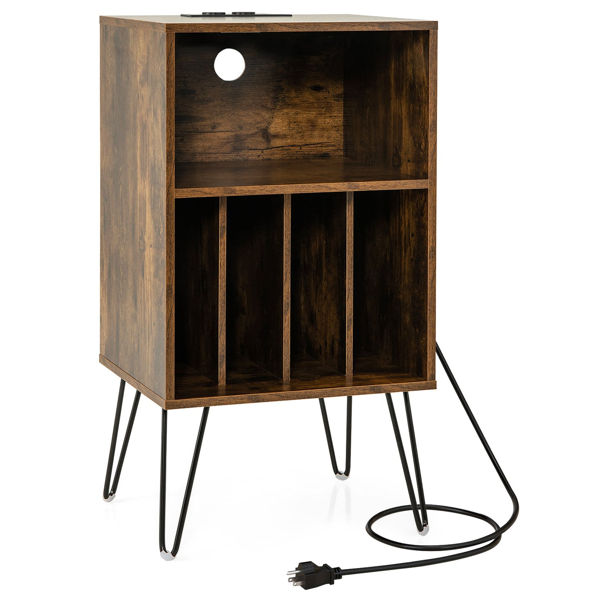 Record Player Stand with Charging Station for Living Room Bedroom-Rustic Brown-End & Side Tables-DECOROLALA