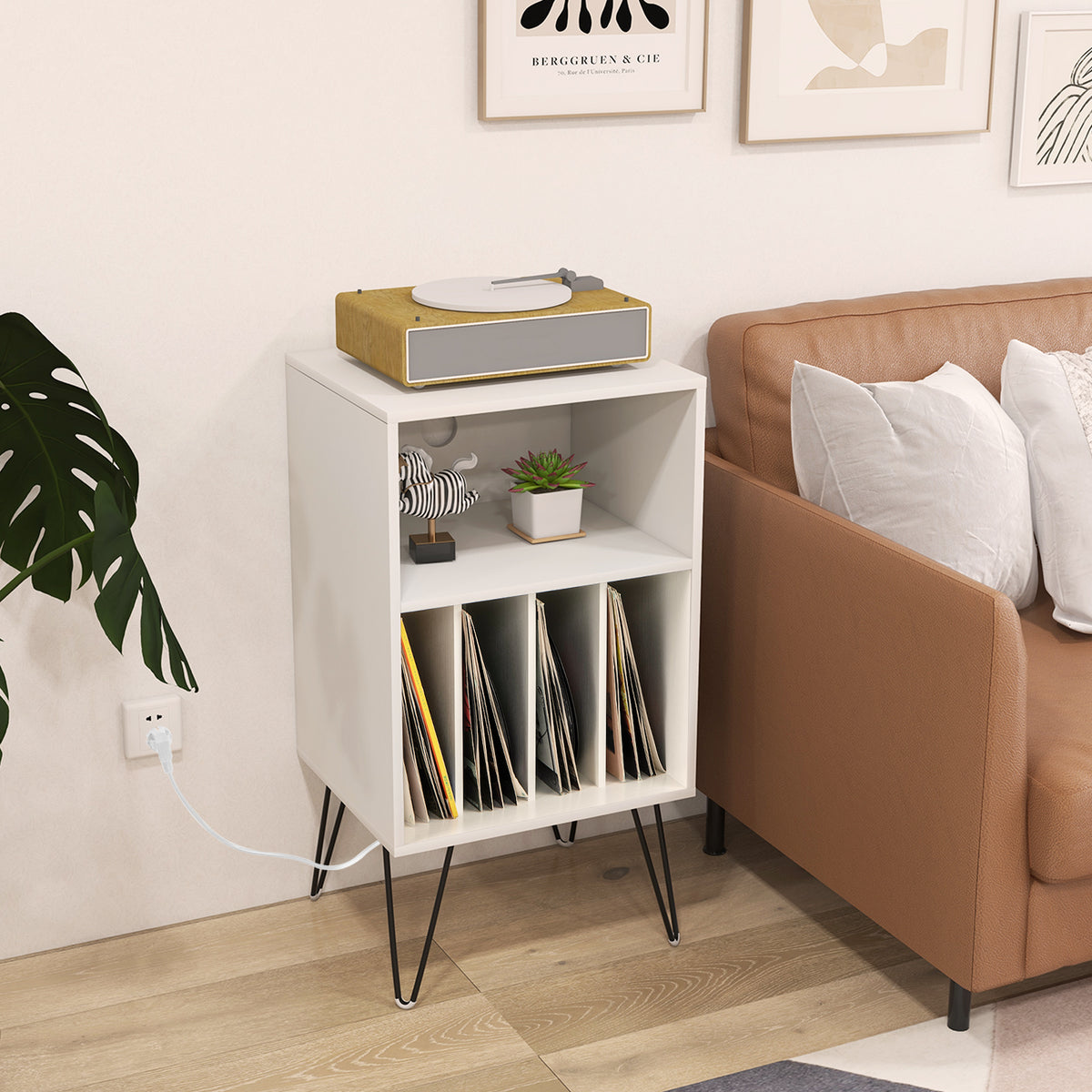 Record Player Stand with Charging Station for Living Room Bedroom-White-End & Side Tables-DECOROLALA