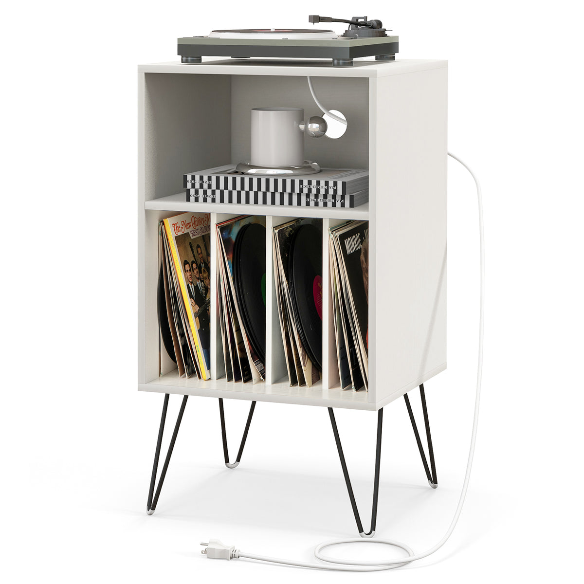 Record Player Stand with Charging Station for Living Room Bedroom-White-End & Side Tables-DECOROLALA