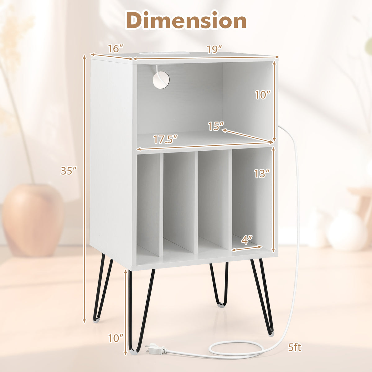 Record Player Stand with Charging Station for Living Room Bedroom-White-End & Side Tables-DECOROLALA
