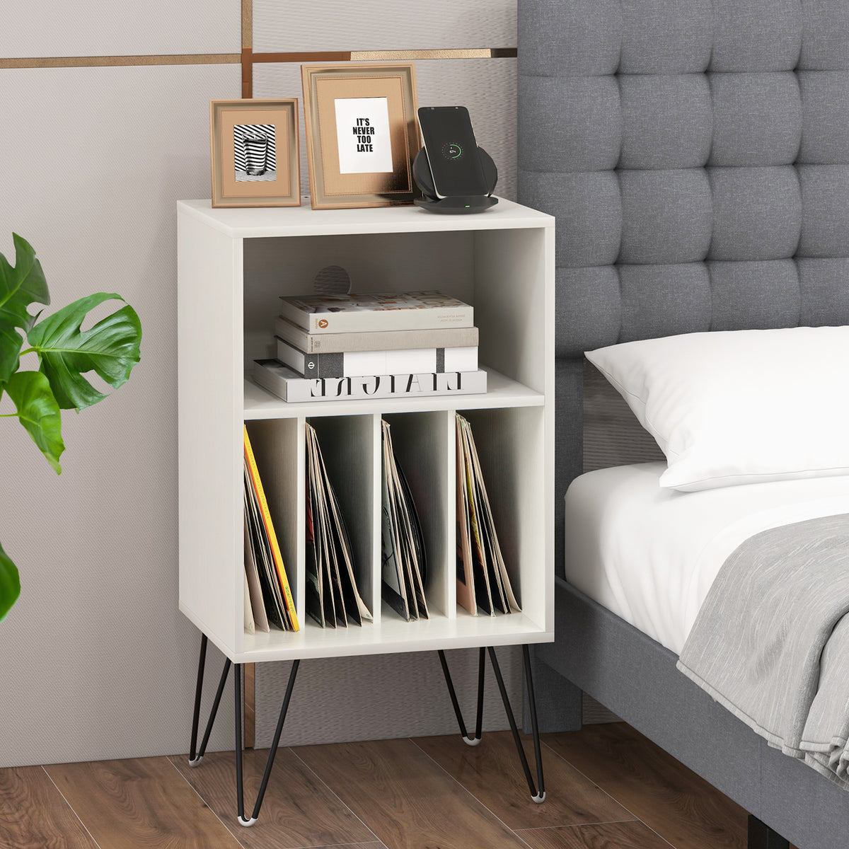 Record Player Stand with Charging Station for Living Room Bedroom-White-End & Side Tables-DECOROLALA