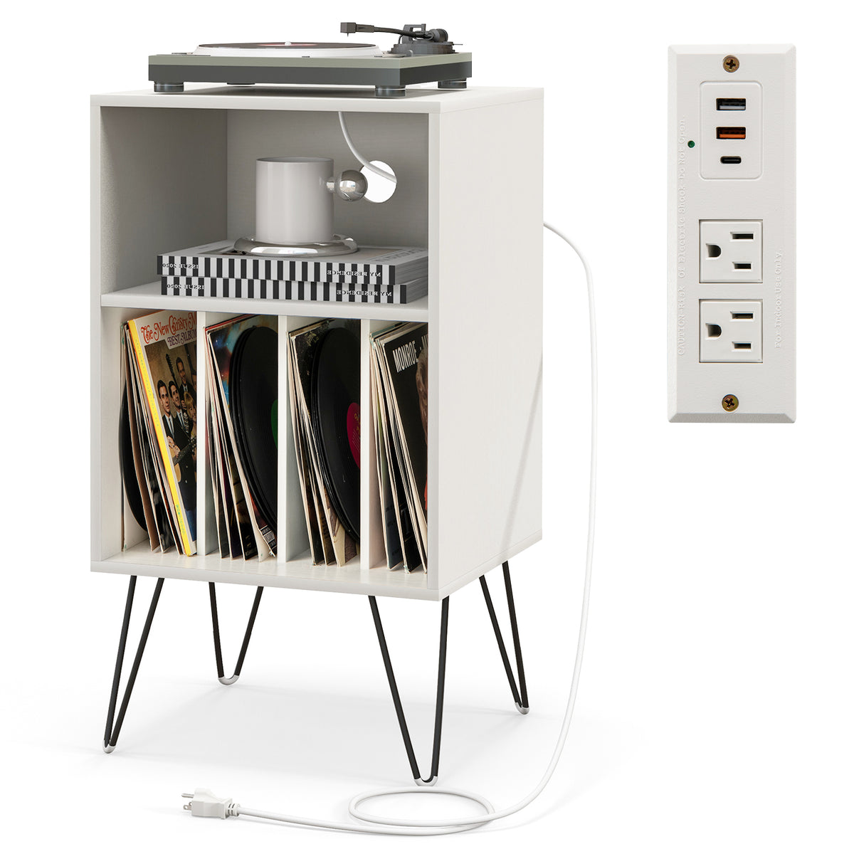Record Player Stand with Charging Station for Living Room Bedroom-White-End & Side Tables-DECOROLALA