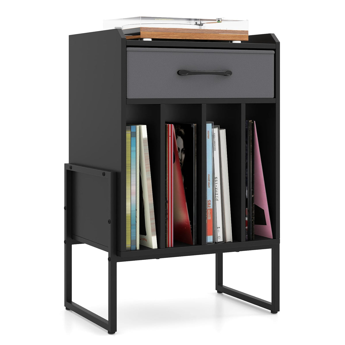Record Player Stand with Drawer and Record Holder-Black-End & Side Tables-DECOROLALA