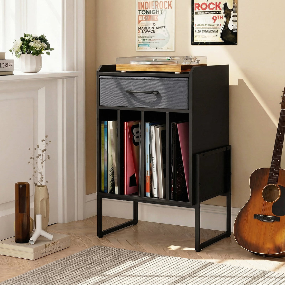 Record Player Stand with Drawer and Record Holder-Black-End & Side Tables-DECOROLALA