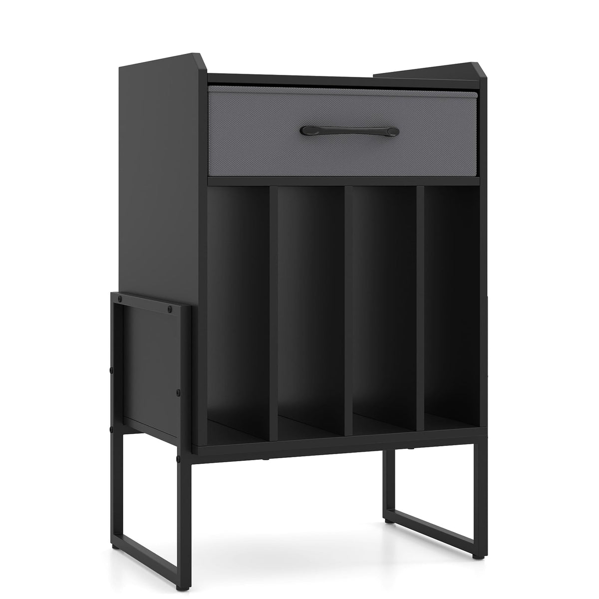 Record Player Stand with Drawer and Record Holder-Black-End & Side Tables-DECOROLALA