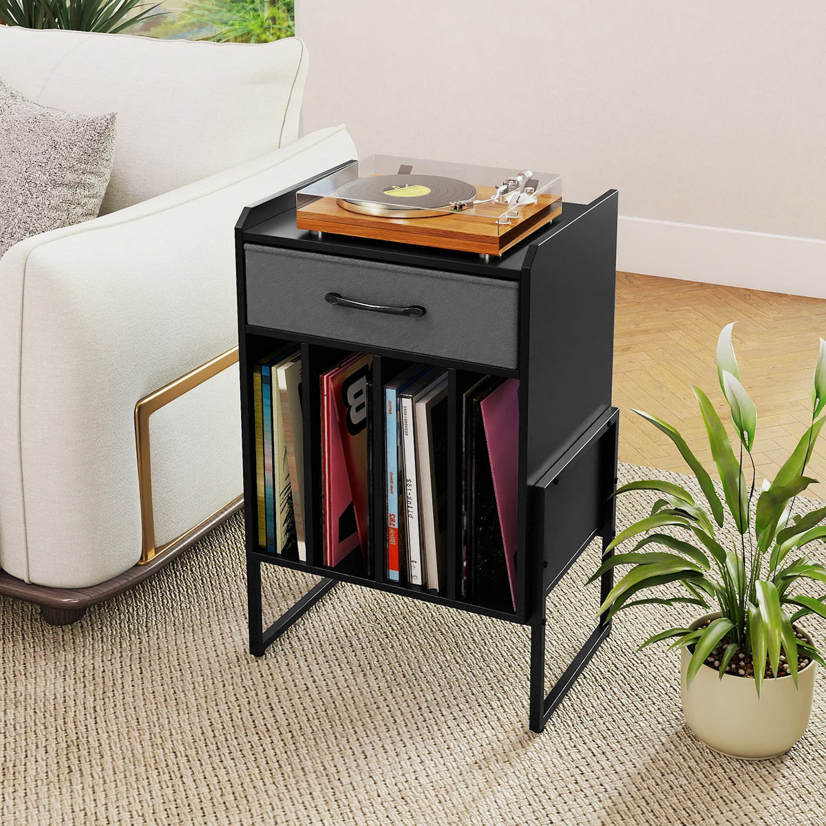 Record Player Stand with Drawer and Record Holder-Black-End & Side Tables-DECOROLALA