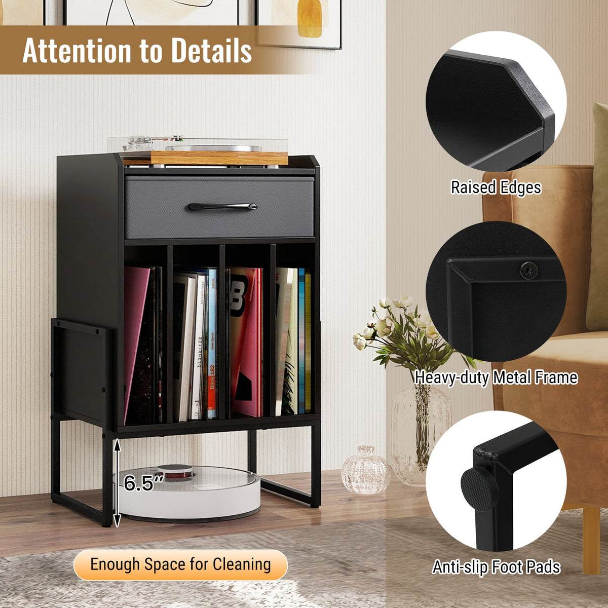 Record Player Stand with Drawer and Record Holder-Black-End & Side Tables-DECOROLALA