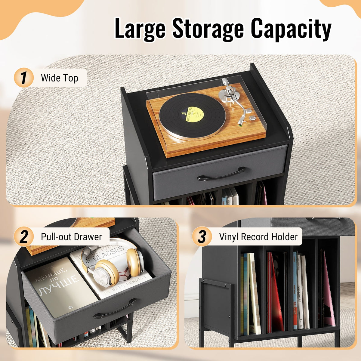 Record Player Stand with Drawer and Record Holder-Black-End & Side Tables-DECOROLALA