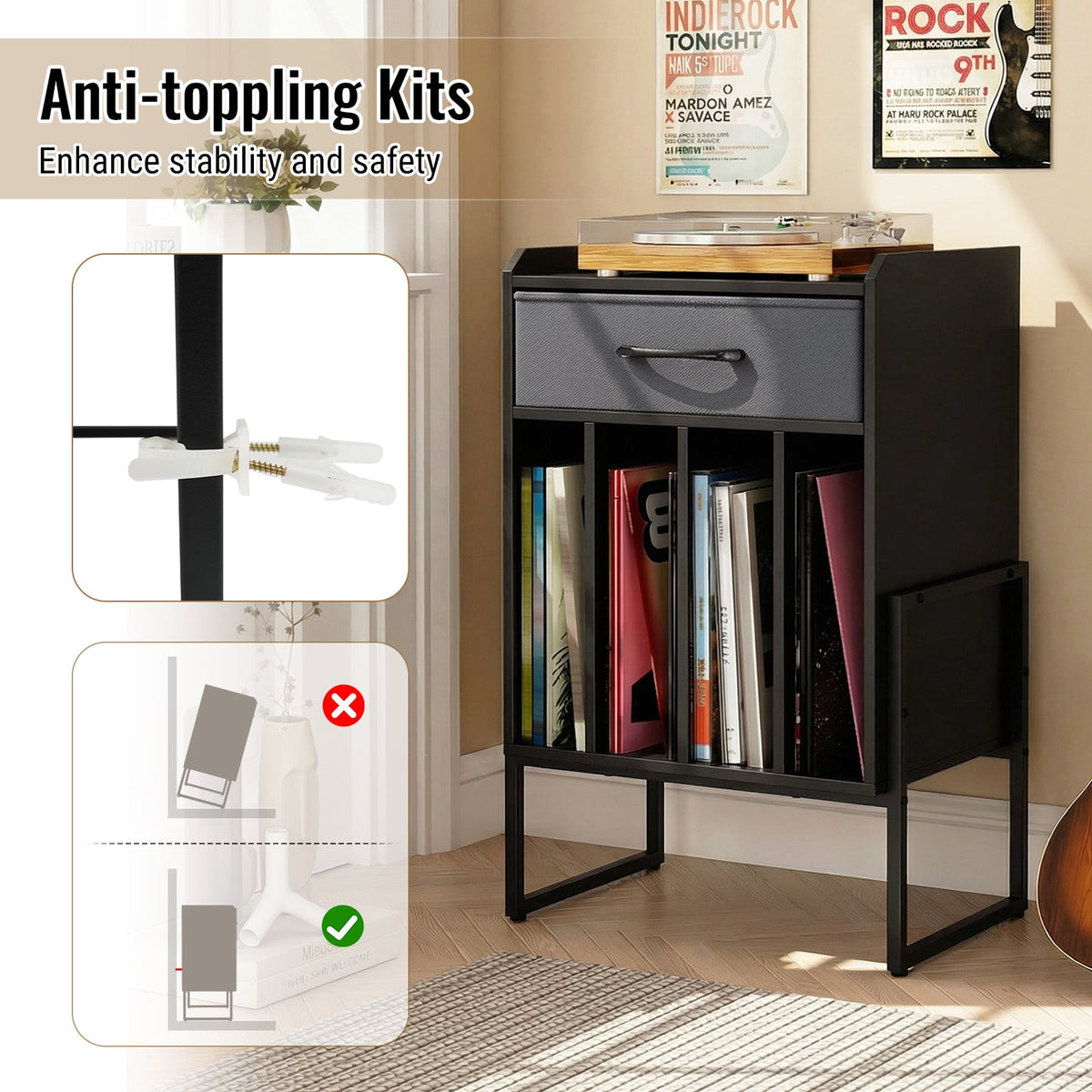 Record Player Stand with Drawer and Record Holder-Black-End & Side Tables-DECOROLALA