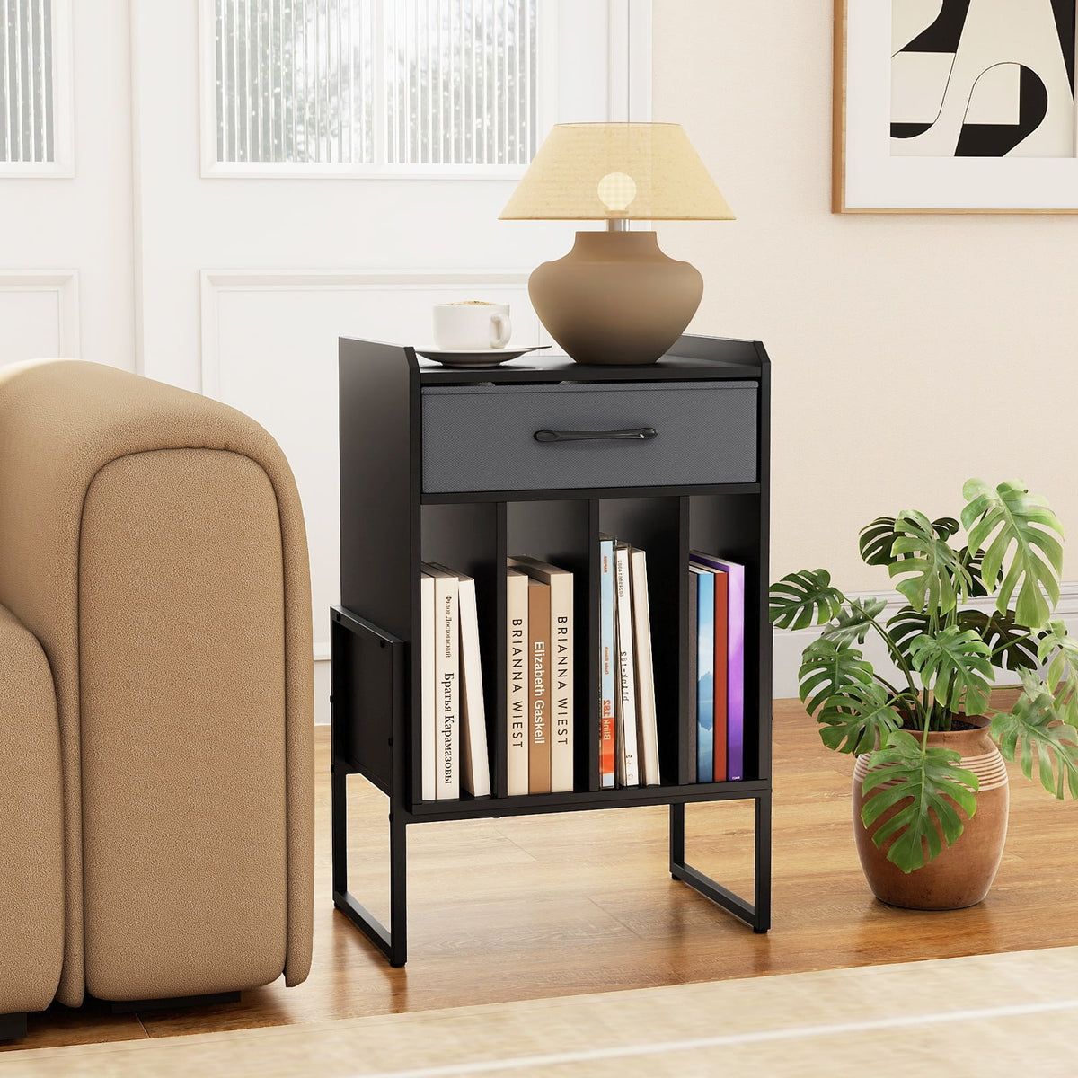 Record Player Stand with Drawer and Record Holder-Black-End & Side Tables-DECOROLALA