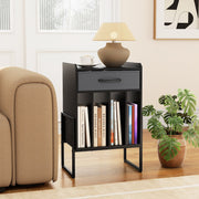 Record Player Stand with Drawer and Record Holder-Black-End & Side Tables-DECOROLALA