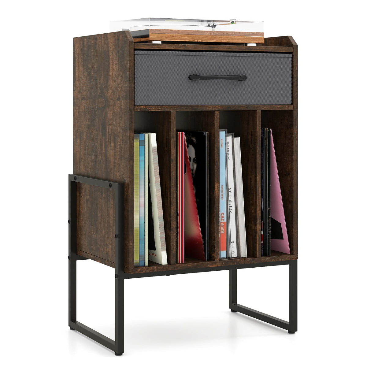 Record Player Stand with Drawer and Record Holder-Rustic Brown-End & Side Tables-DECOROLALA