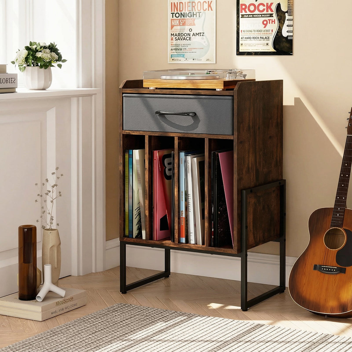 Record Player Stand with Drawer and Record Holder-Rustic Brown-End & Side Tables-DECOROLALA
