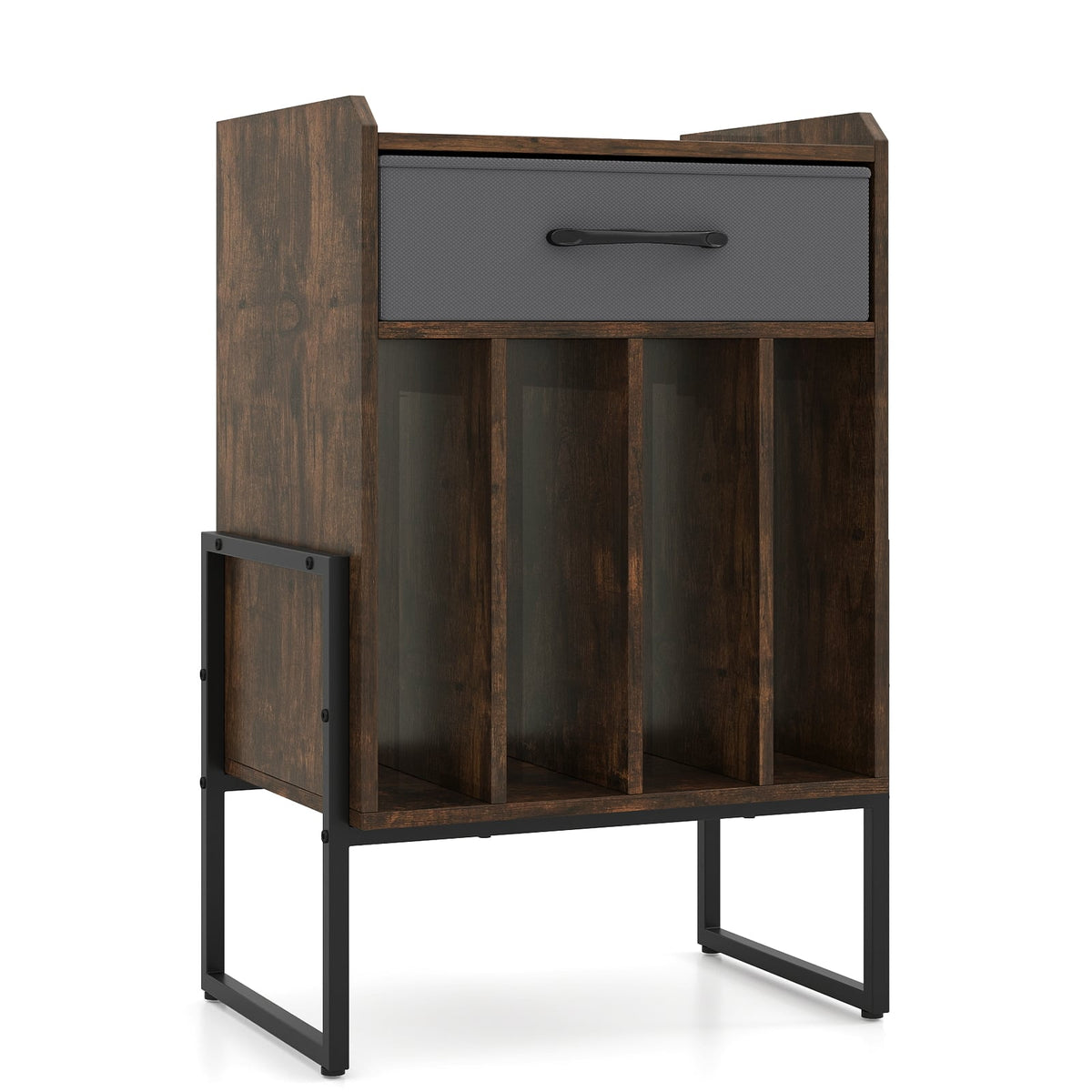 Record Player Stand with Drawer and Record Holder-Rustic Brown-End & Side Tables-DECOROLALA
