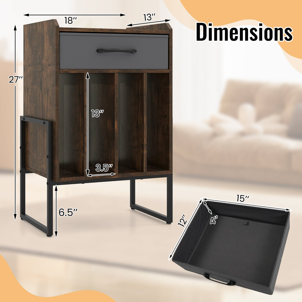 Record Player Stand with Drawer and Record Holder-Rustic Brown-End & Side Tables-DECOROLALA