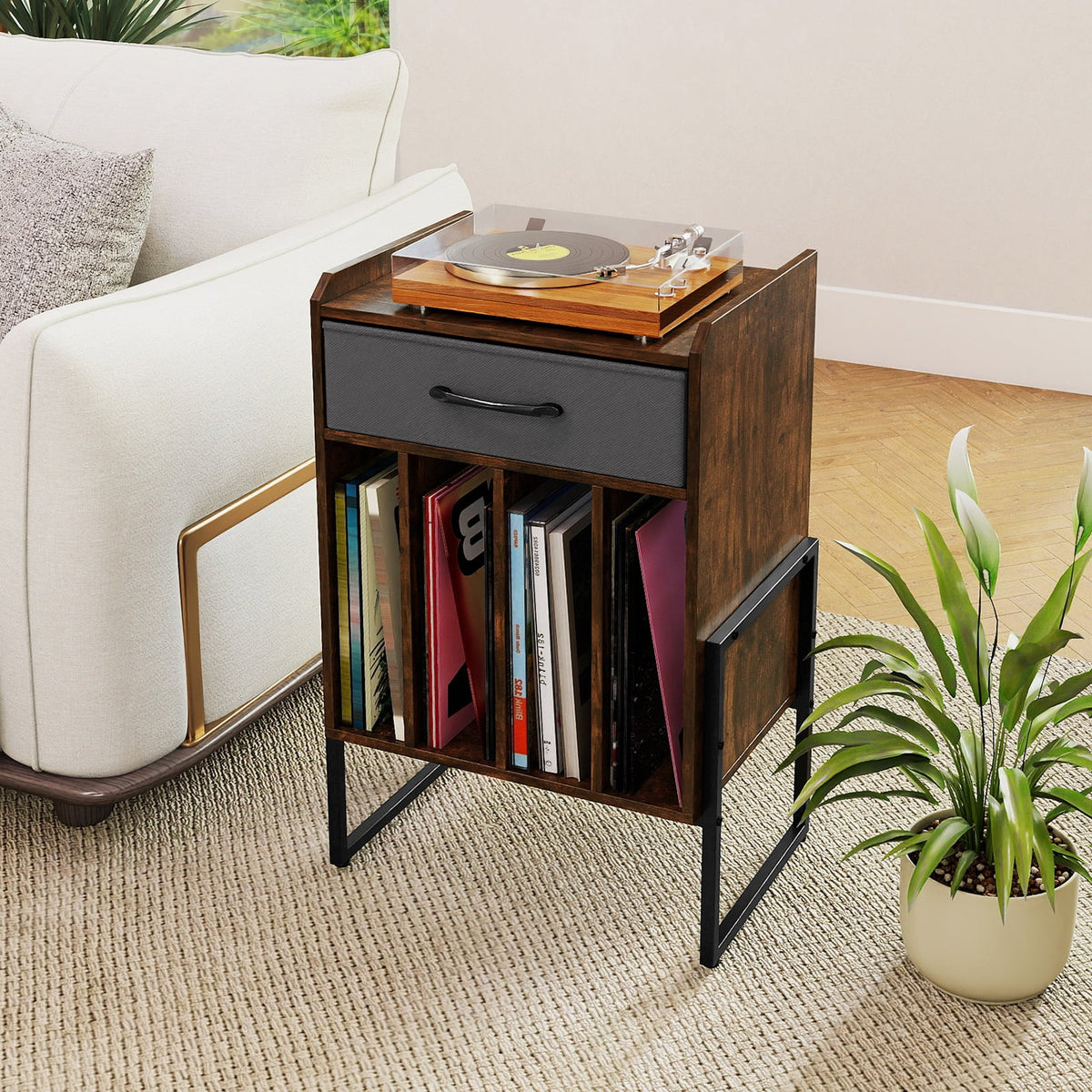 Record Player Stand with Drawer and Record Holder-Rustic Brown-End & Side Tables-DECOROLALA