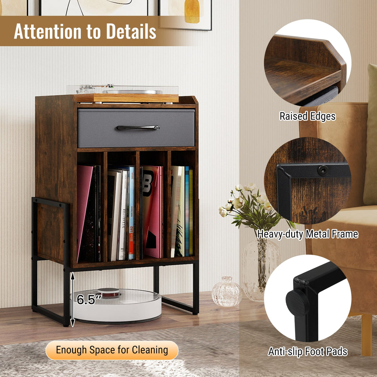 Record Player Stand with Drawer and Record Holder-Rustic Brown-End & Side Tables-DECOROLALA