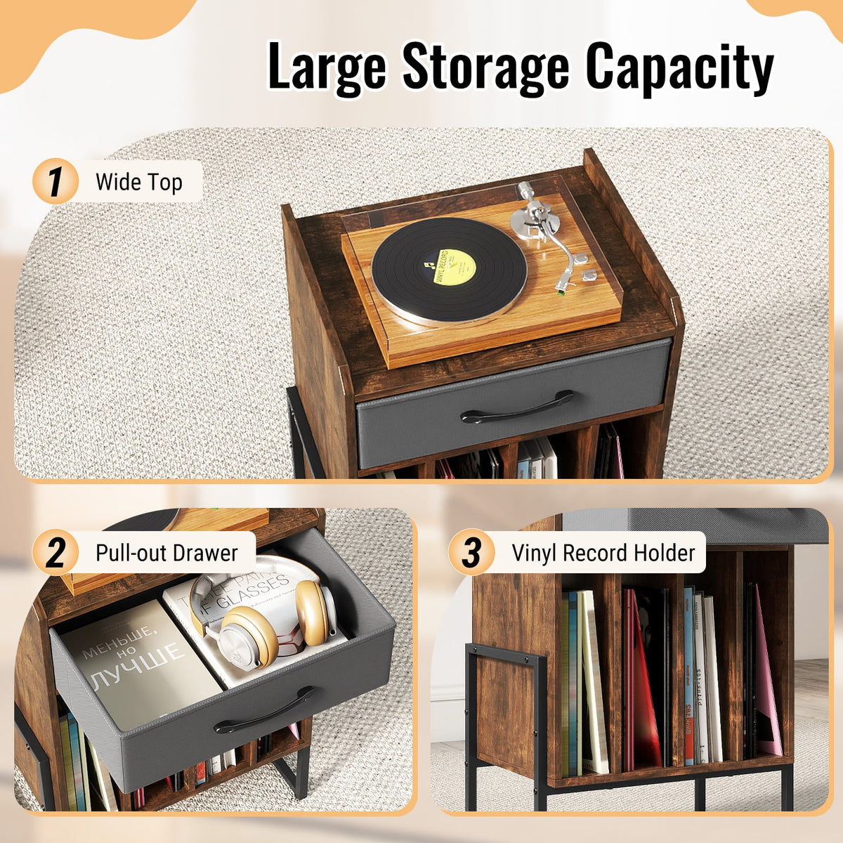 Record Player Stand with Drawer and Record Holder-Rustic Brown-End & Side Tables-DECOROLALA