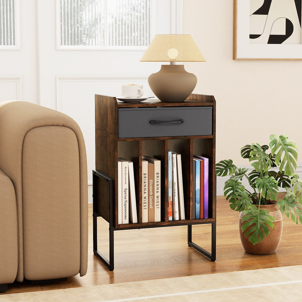 Record Player Stand with Drawer and Record Holder-Rustic Brown-End & Side Tables-DECOROLALA