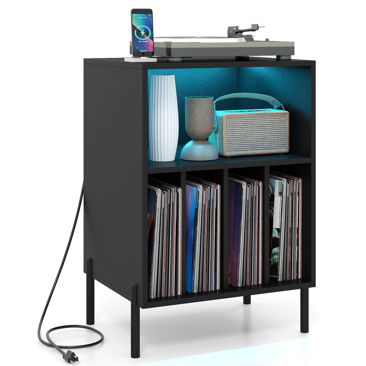 Record Player Stand with LED Light and Charging Station-Black-End & Side Tables-DECOROLALA
