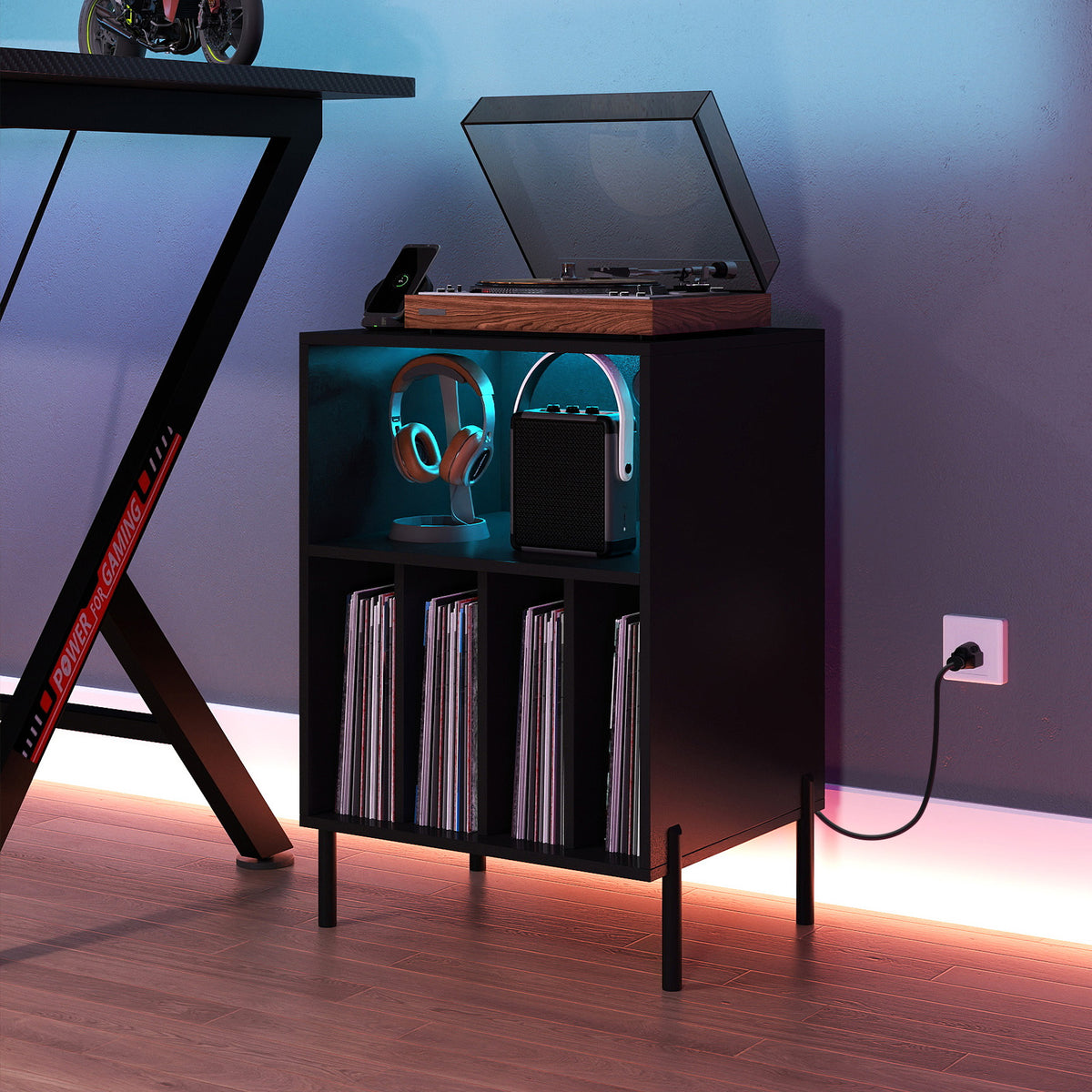 Record Player Stand with LED Light and Charging Station-Black-End & Side Tables-DECOROLALA