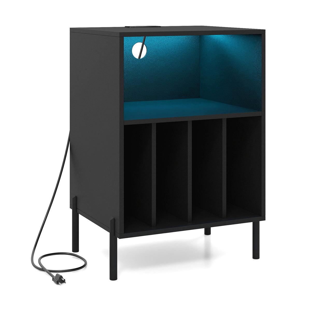 Record Player Stand with LED Light and Charging Station-Black-End & Side Tables-DECOROLALA