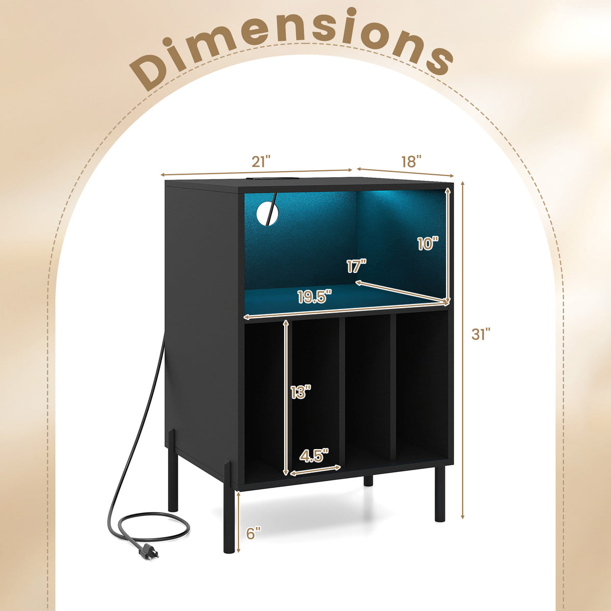 Record Player Stand with LED Light and Charging Station-Black-End & Side Tables-DECOROLALA